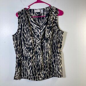 Womens Chicos Silky Feel Animal Print Ruffle Front Blouse Tan Black M Polyester